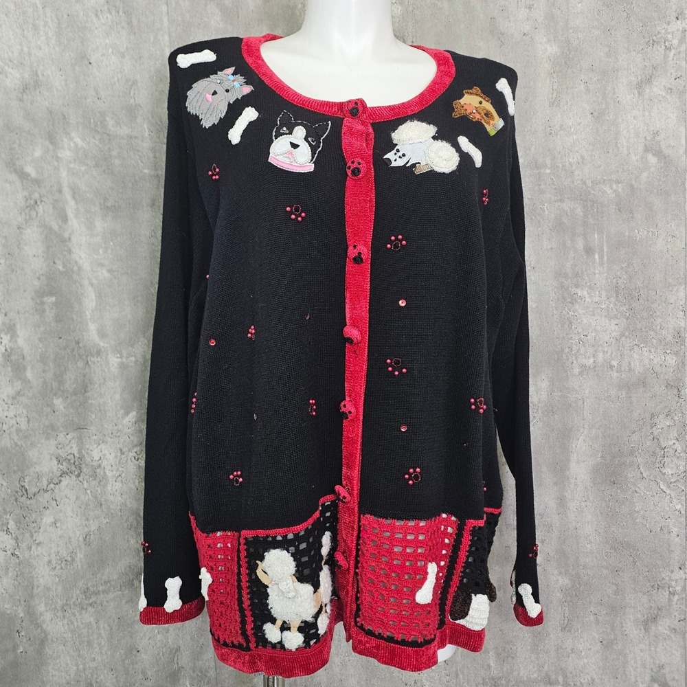 Quacker Factory Dog Theme Embroidered Beaded Cardigan Black Red 3X Grandmacore